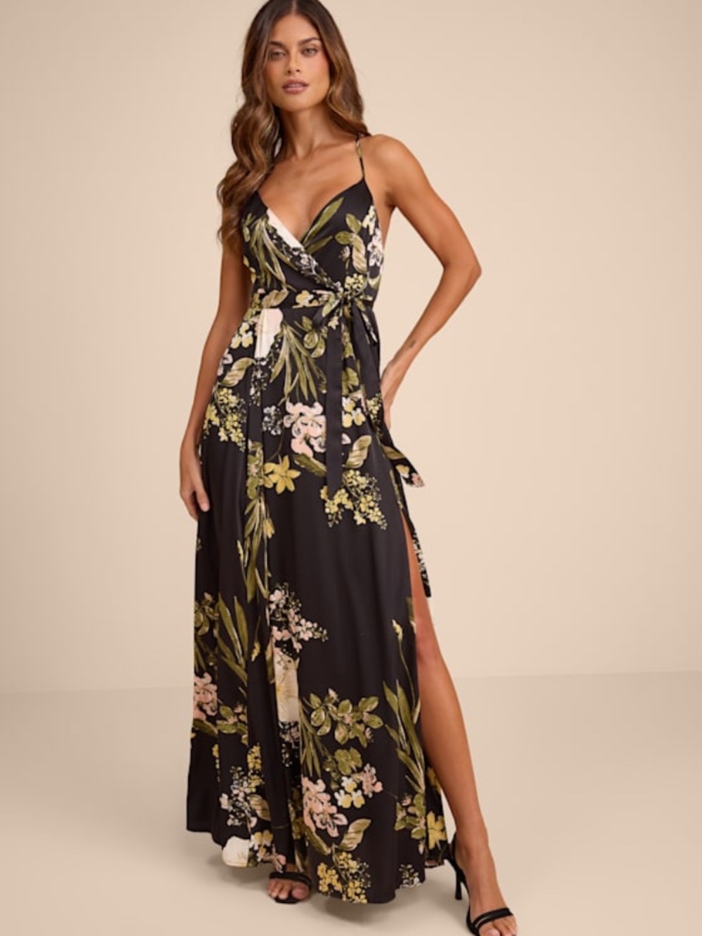 Lulus Still The One Black Floral Print Satin Maxi Dress - Size L